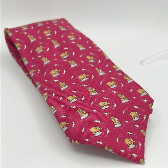 Hermes Red Tie with frolicking bears - Picture 1 of 5